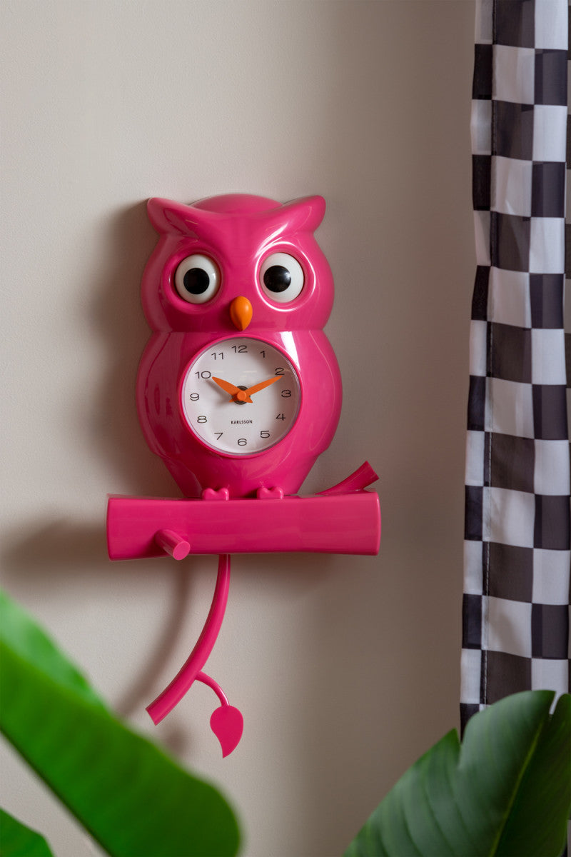 Klok Owl Pendulum Wall Clock Roze